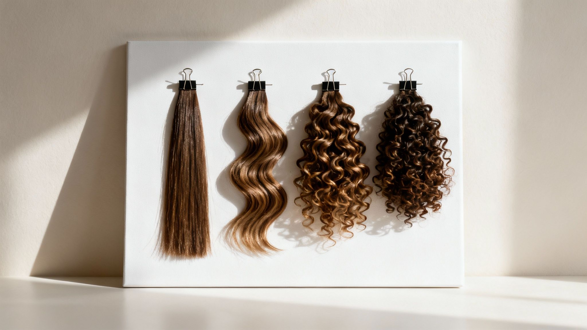 Four brown hair swatches displaying straight, wavy, curly, and coily textures on a white board.
