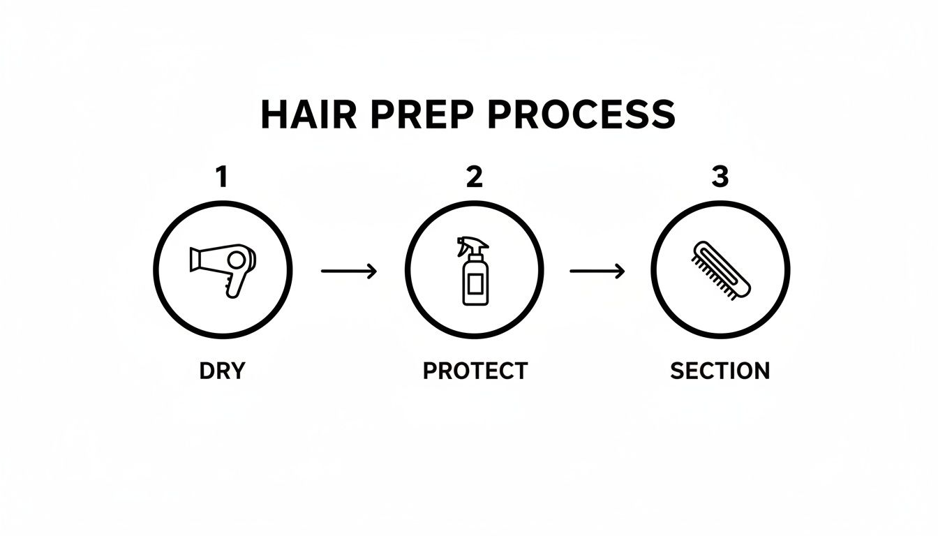 An infographic detailing a three-step hair preparation process: dry, protect with spray, and section hair.