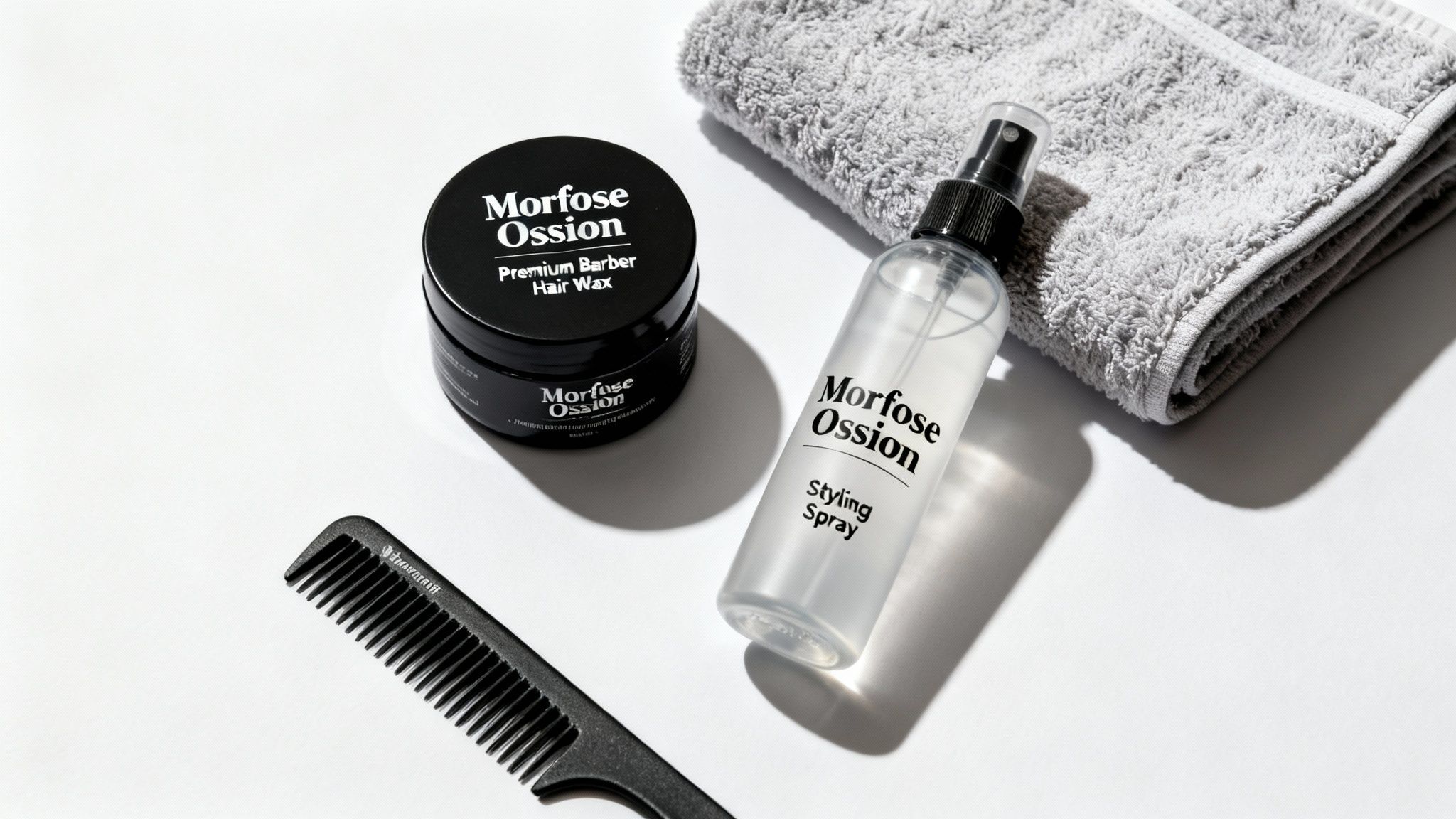 Morfose Ossion hair styling products: wax, spray, a comb, and towel on a white surface.