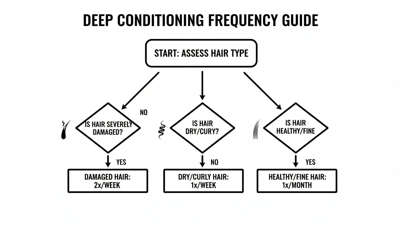 A flowchart guiding deep conditioning frequency based on hair type: damaged, dry/curly, or healthy/fine.