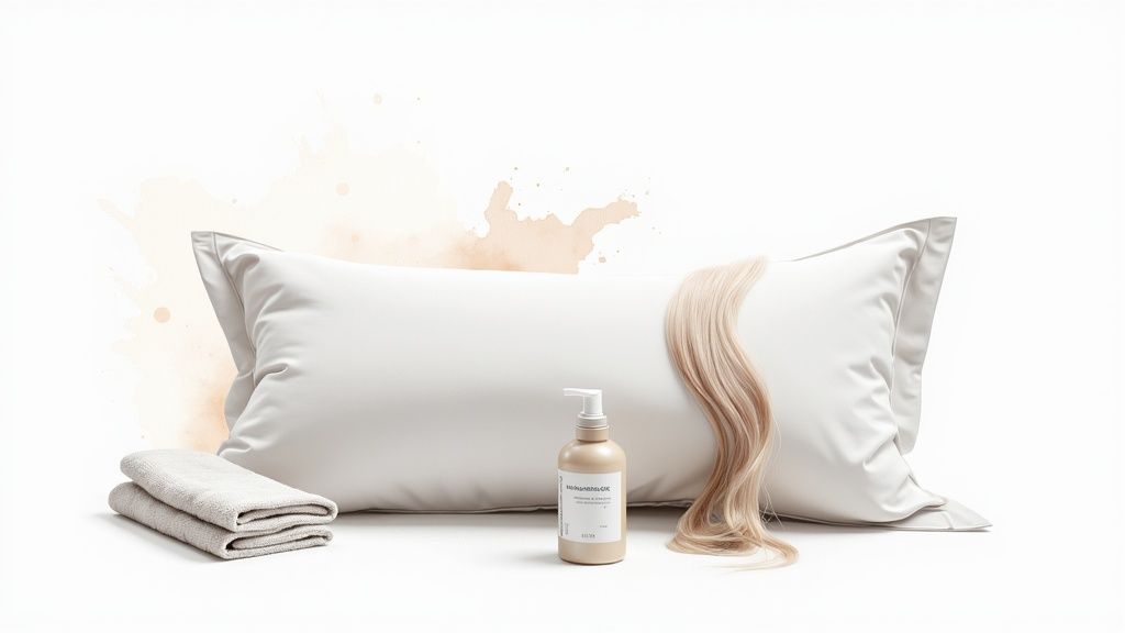 Hair care essentials: blonde hair extension, lotion bottle, and towels on a white pillow.