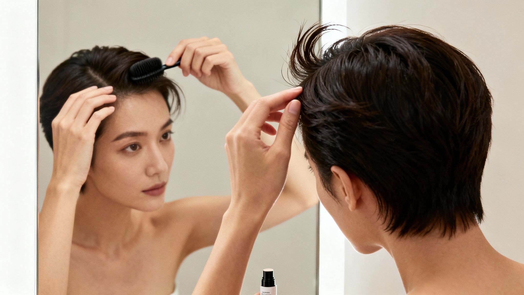 A woman with short dark hair styling her hair with a brush in front of a mirror.
