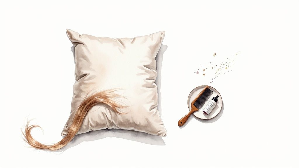 A soft pillow with flowing blonde hair, a comb, and hair product for healthy hair.