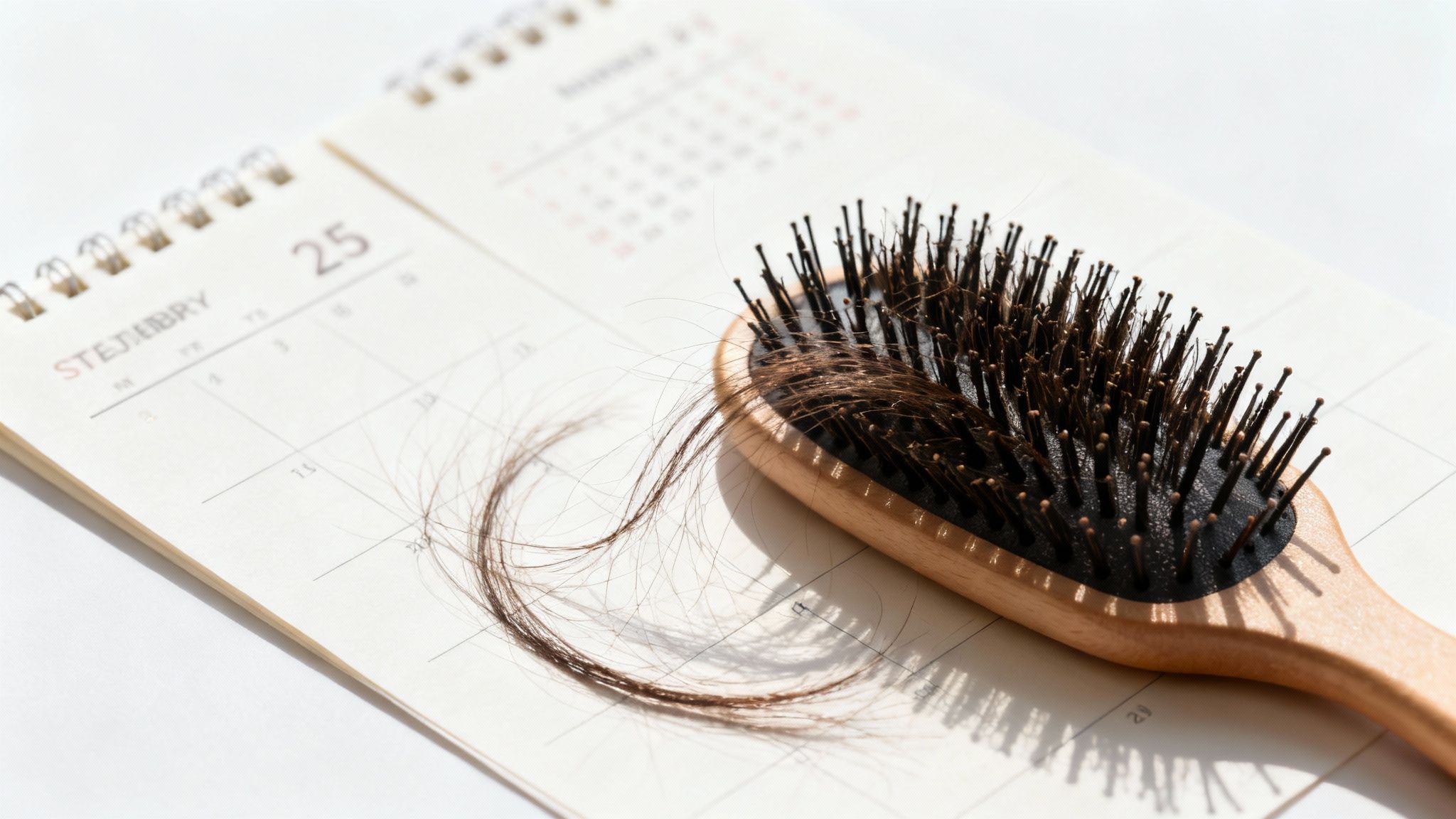 A wooden hairbrush with a lot of tangled dark hair lying on an open desk calendar.
