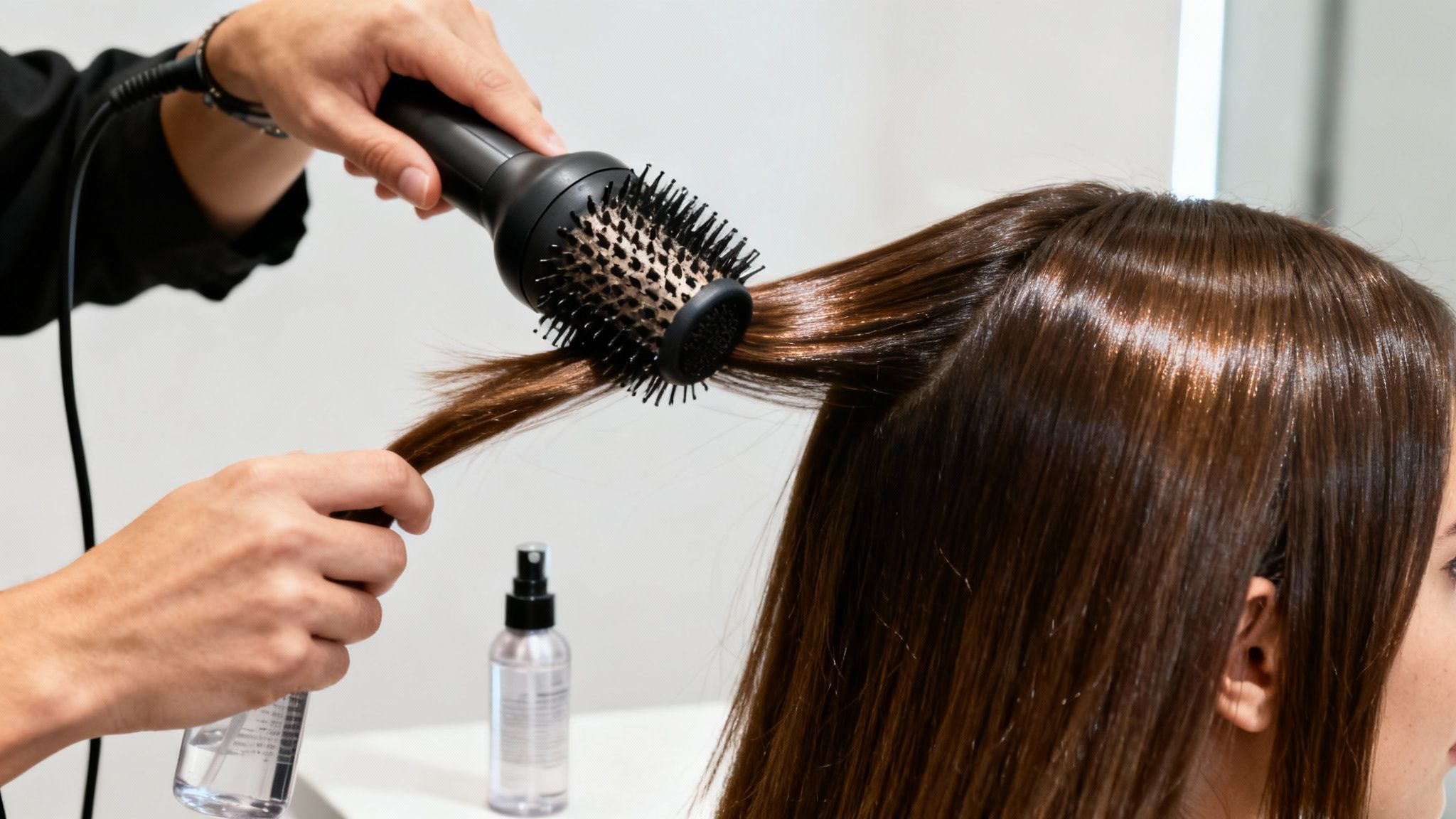 A hairstylist uses a round blow dryer brush to style a woman's long, shiny brown hair.
