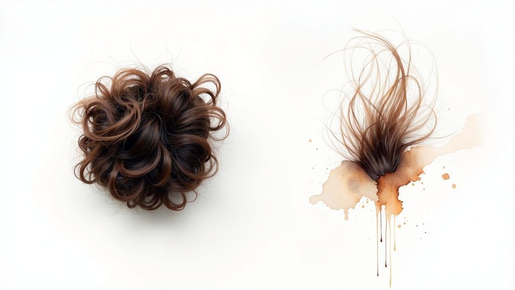 Curly hair piece showing tangled matted strands versus artistic watercolor representation of hair detangling