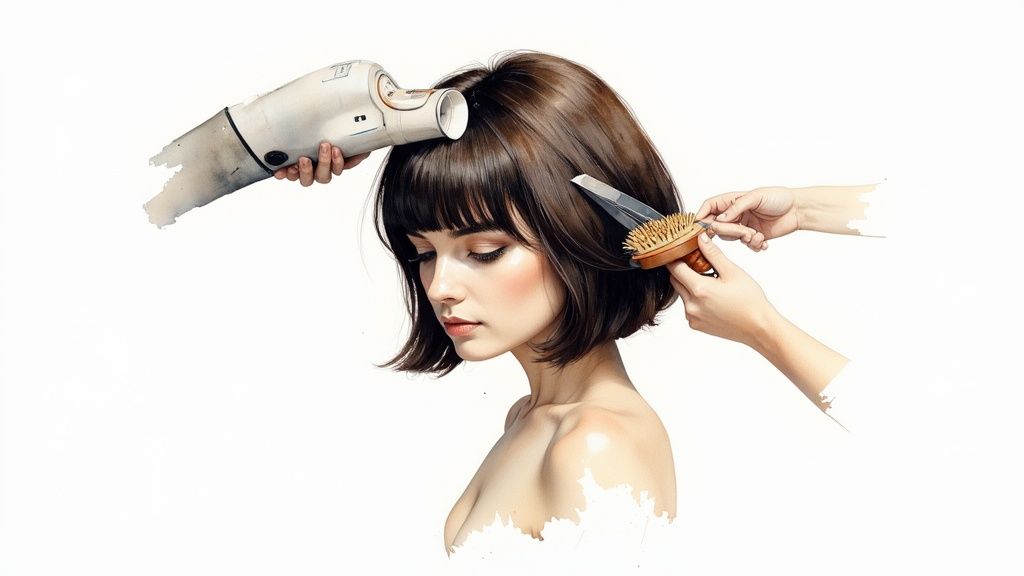 A woman with a bob haircut gets her hair styled by hands using a hairdryer, brush, and scissors.