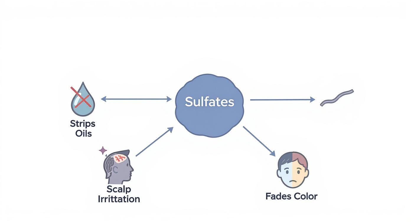 Diagram illustrating the negative effects of sulfates on hair and scalp, including stripping oils, irritation, and color fading.
