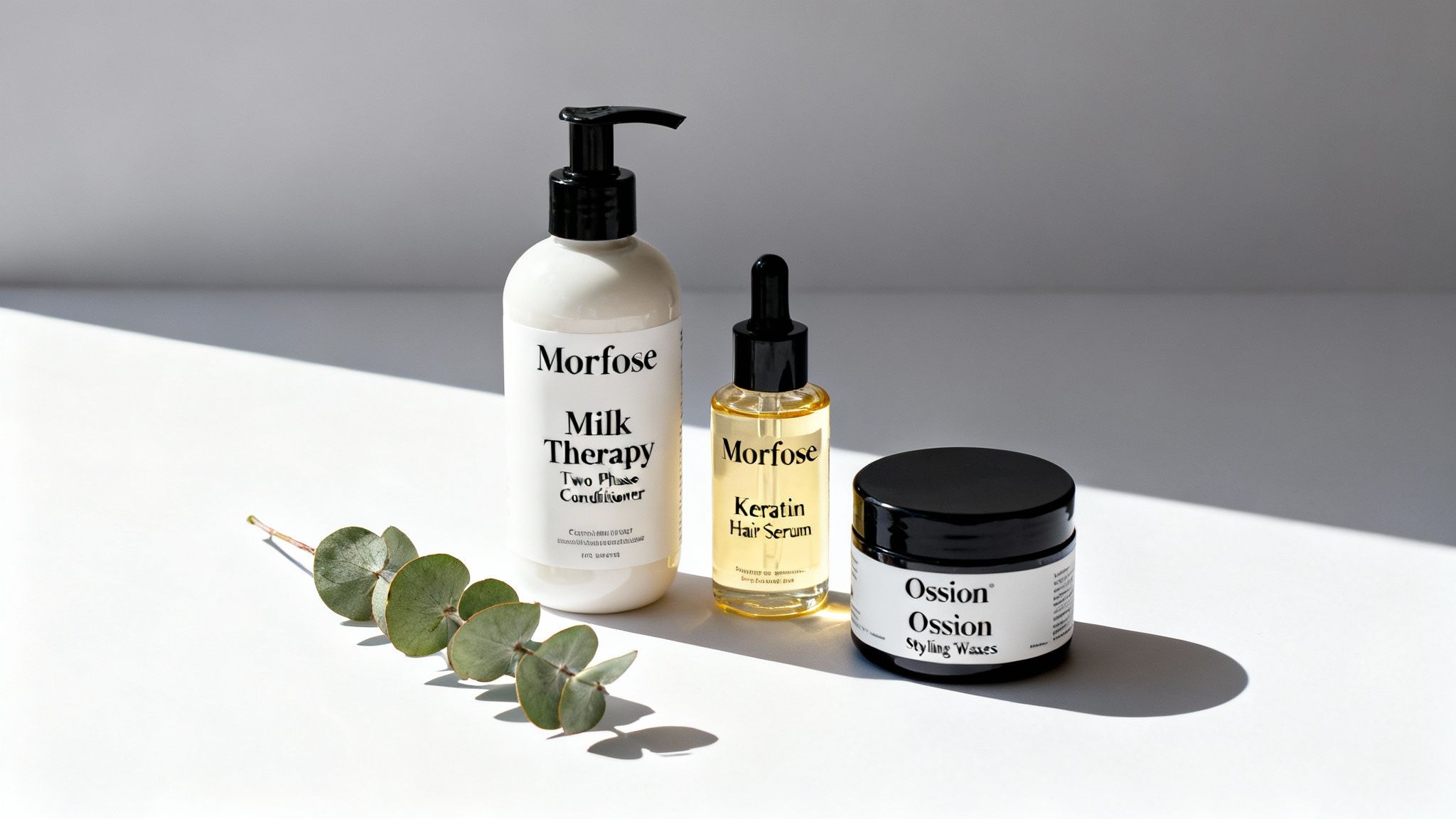 Hair care products: Morfose Milk Therapy conditioner, Morfose Keratin Hair Serum, and Ossion Styling Waxes with a eucalyptus branch.