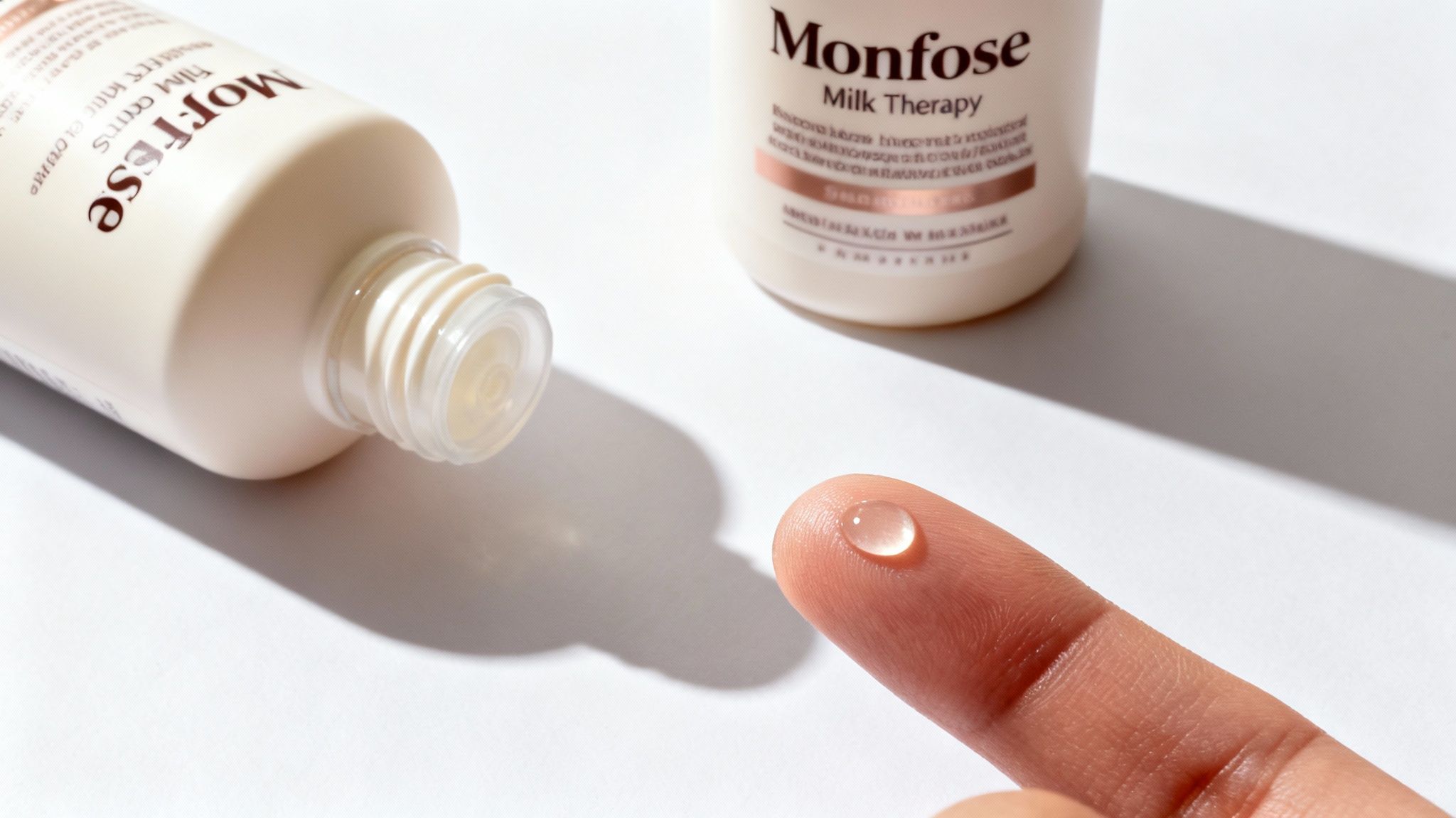 A clear droplet of product on a finger, with Monfose cosmetic bottles in the background.