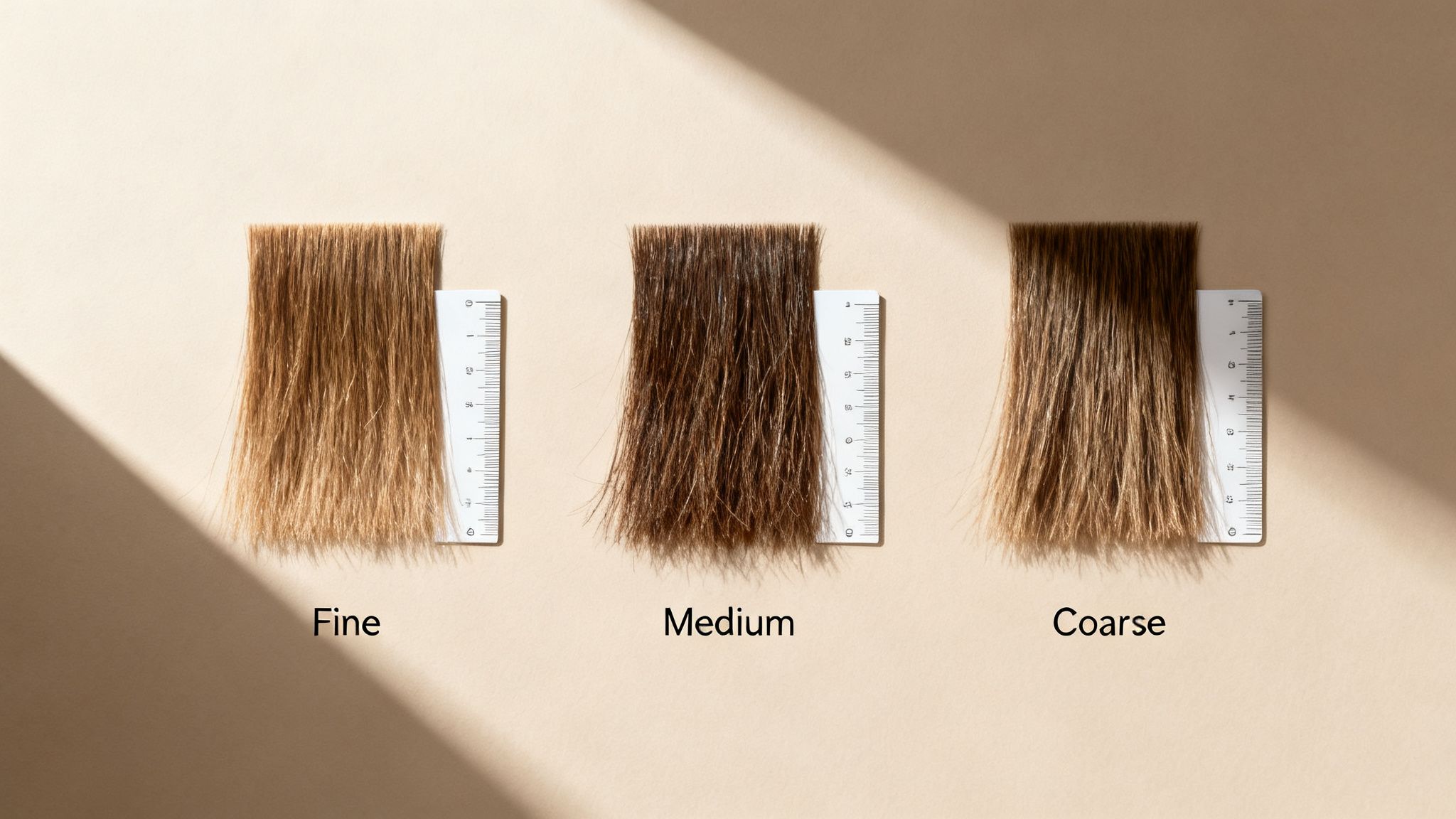 Three hair swatches labeled Fine, Medium, and Coarse, each with a ruler, showing different hair textures.