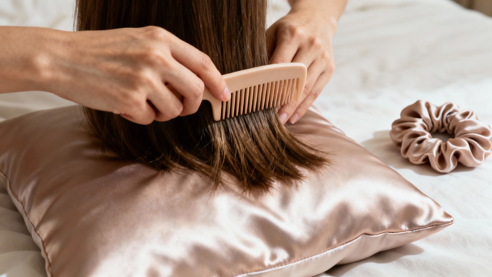 Close-up of hands combing brown hair on a satin pillow with a scrunchie nearby.