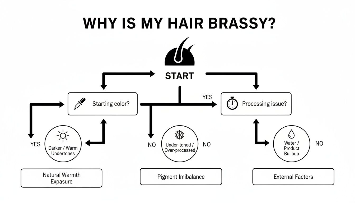 Flowchart explaining common reasons why hair turns brassy, including natural warmth, processing, and external factors.