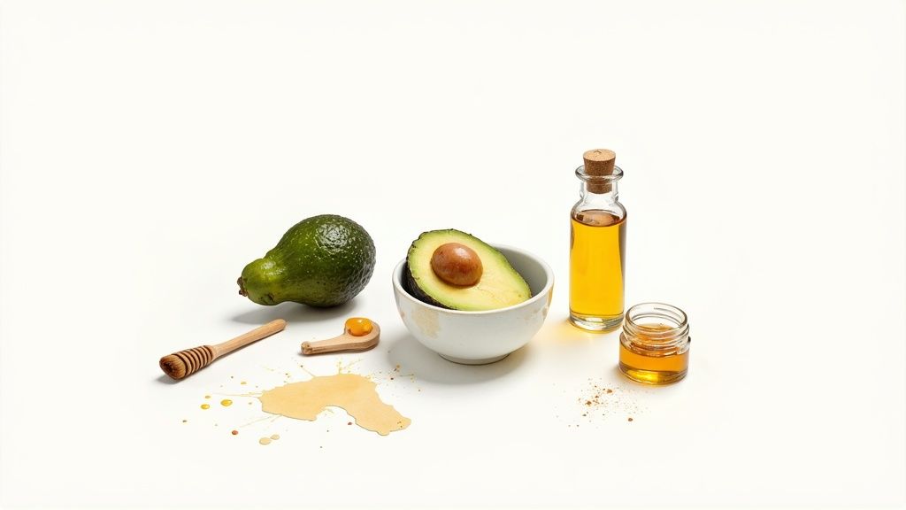 A whole and halved avocado, honey, and oil, ideal for natural hair or skin remedies.