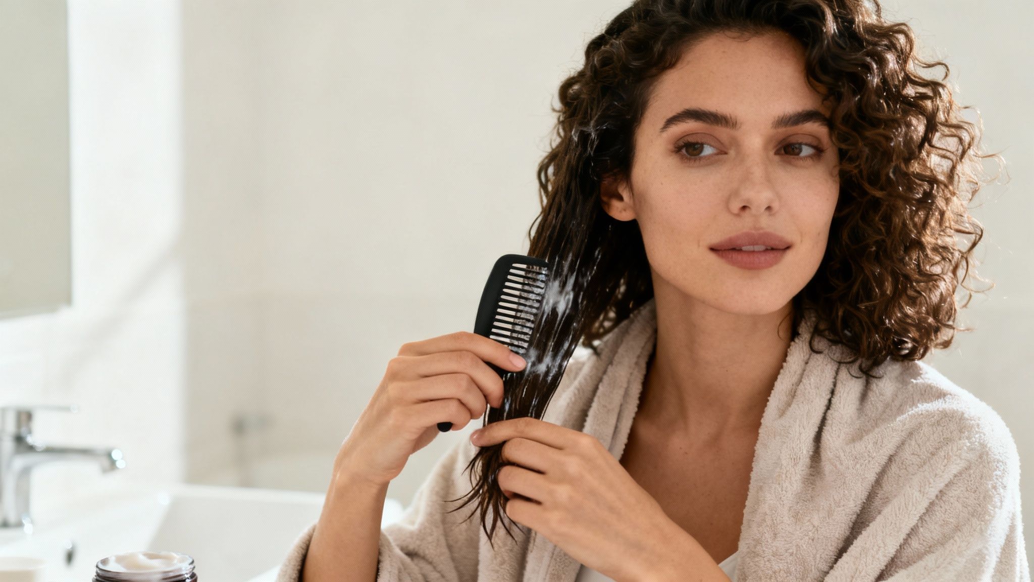 A woman with curly hair combs through it with product in a bathroom, wearing a robe.