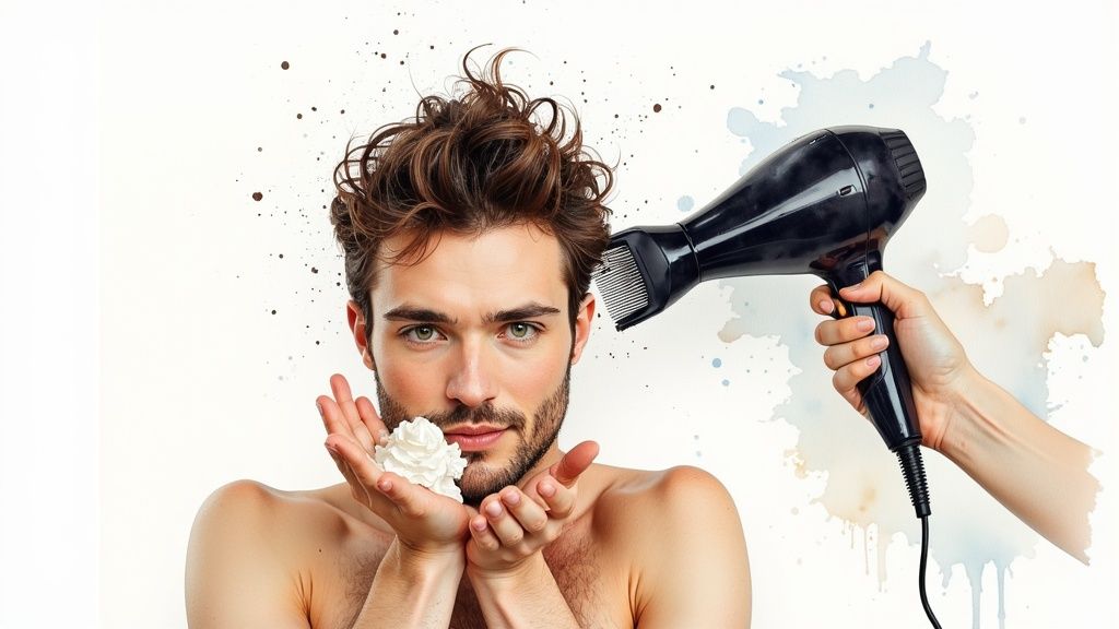 A man with thick, wavy hair holds hair product, while a hairdryer aims at his head.