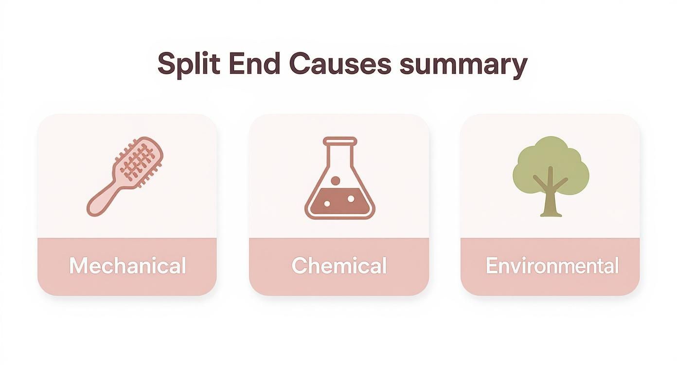 Infographic summarizing split end causes into three categories: mechanical (brush), chemical (flask), and environmental (tree).