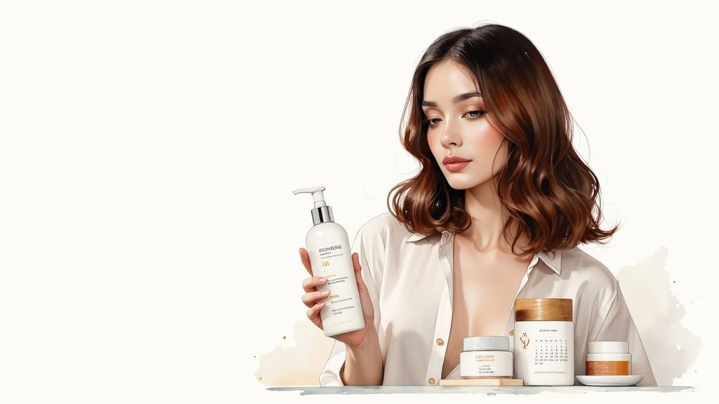 Woman holding hair care product bottle while displaying hair treatment jars on shelf