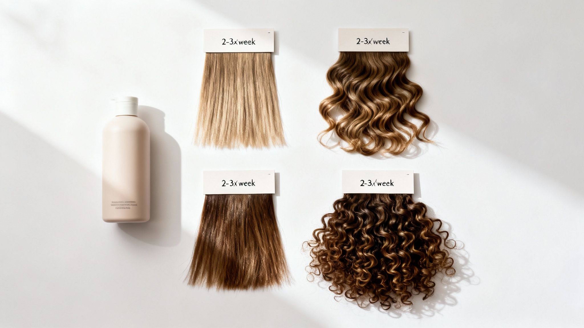 A light beige bottle of hair product next to four hair swatches of various colors and textures, labeled "2-3x week".