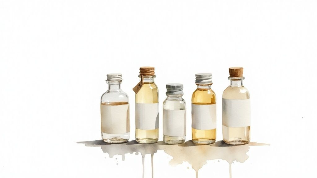 A bottle of argan oil next to argan nuts and leaves, representing lightweight moisturizing ingredients for hair.