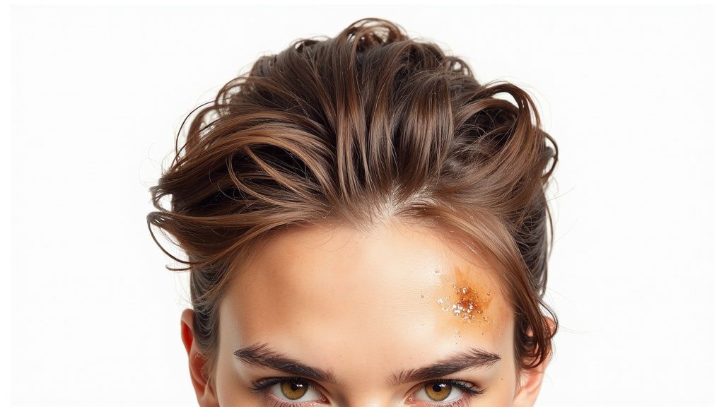 A young woman's face, showing messy brown hair and a grainy facial scrub on her forehead.