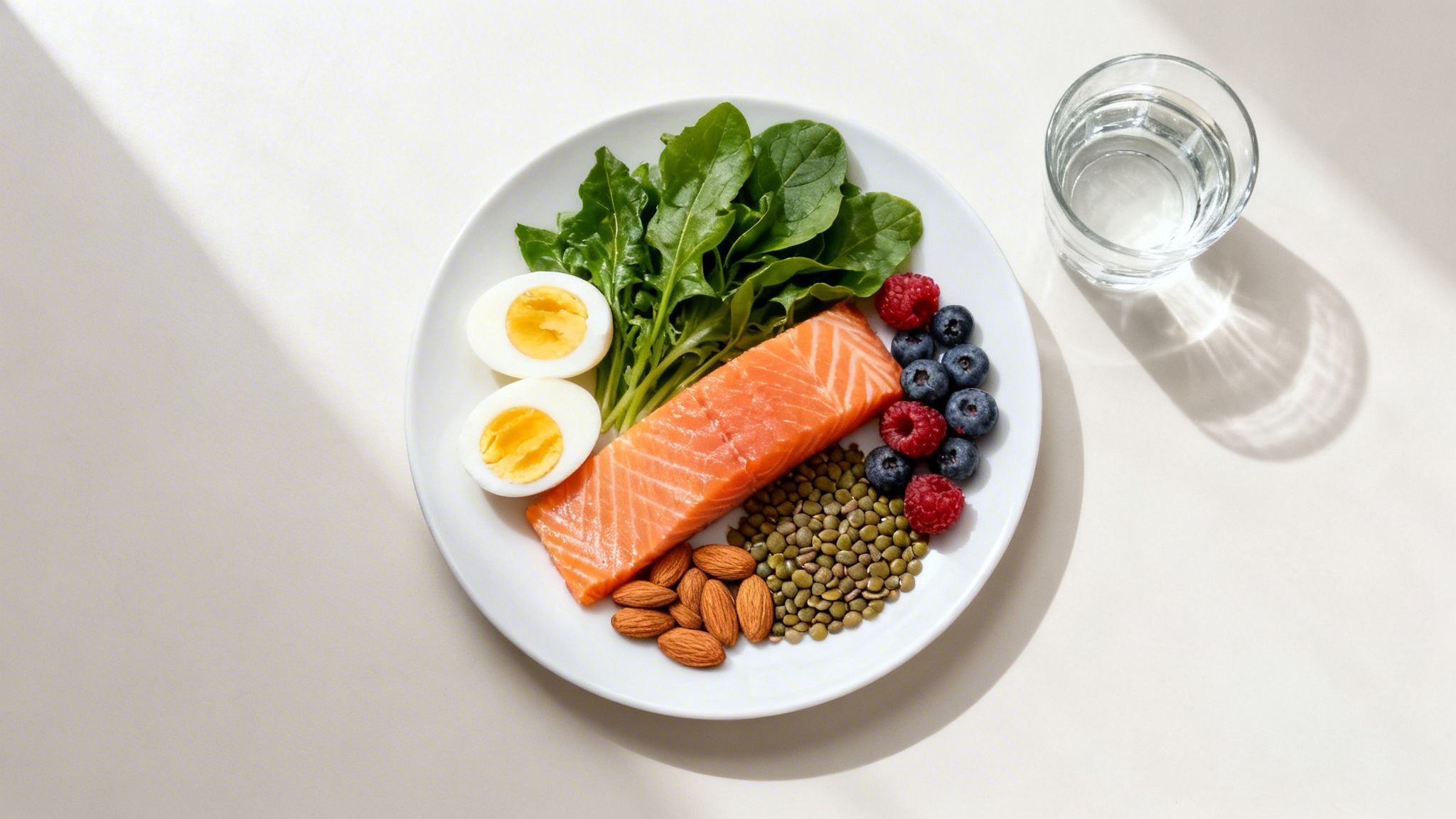 A healthy meal plate with salmon, hard-boiled eggs, arugula, berries, almonds, lentils, and a glass of water.