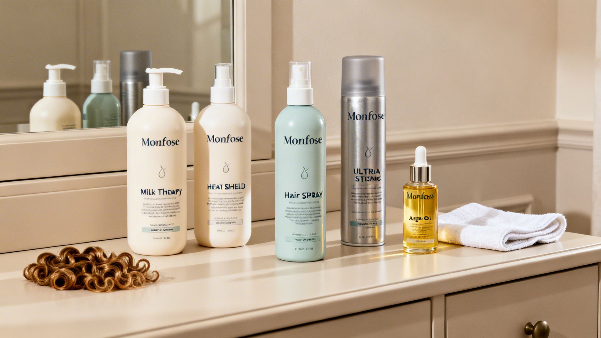 A collection of Monfose hair care products including milk therapy, heat shield, hair spray, and argan oil, next to curly hair.
