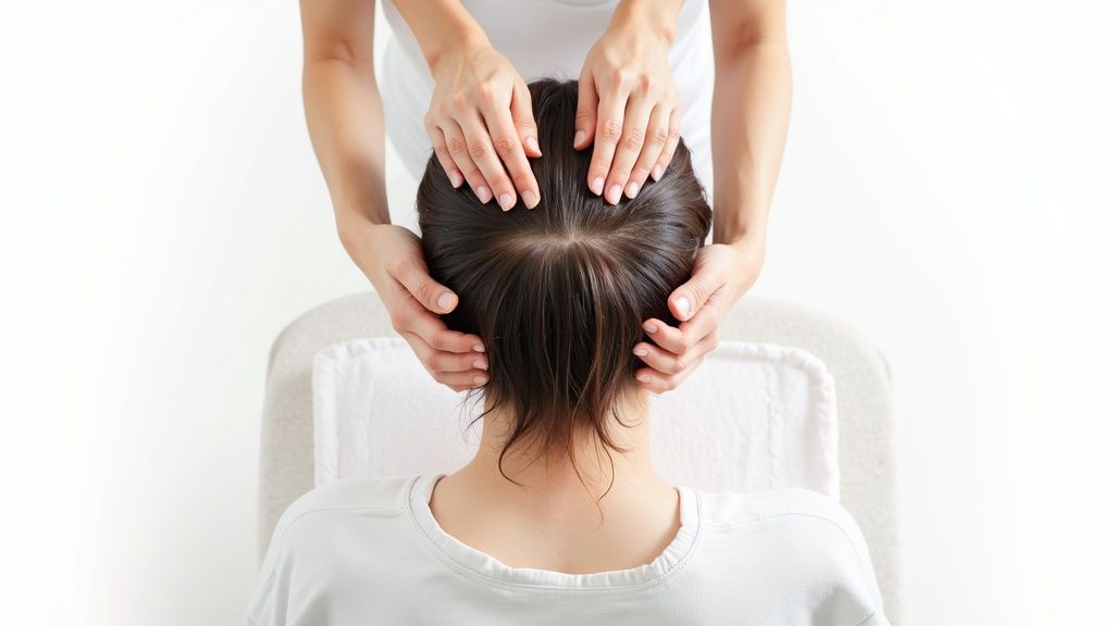 Close-up of hands gently massaging the scalp and head of a person with dark hair.