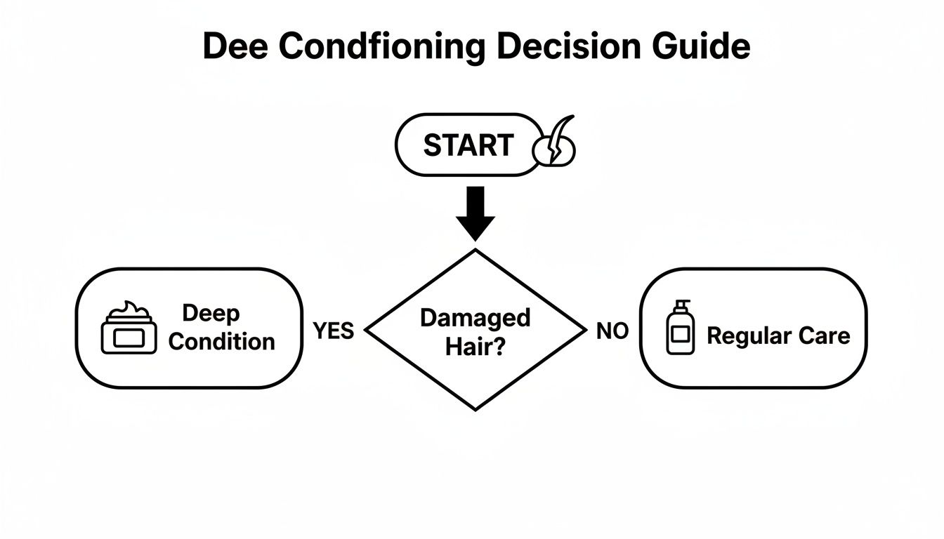 A simple flowchart titled 'Dee Conditioning Decision Guide' helps decide between deep and regular hair care based on hair damage.