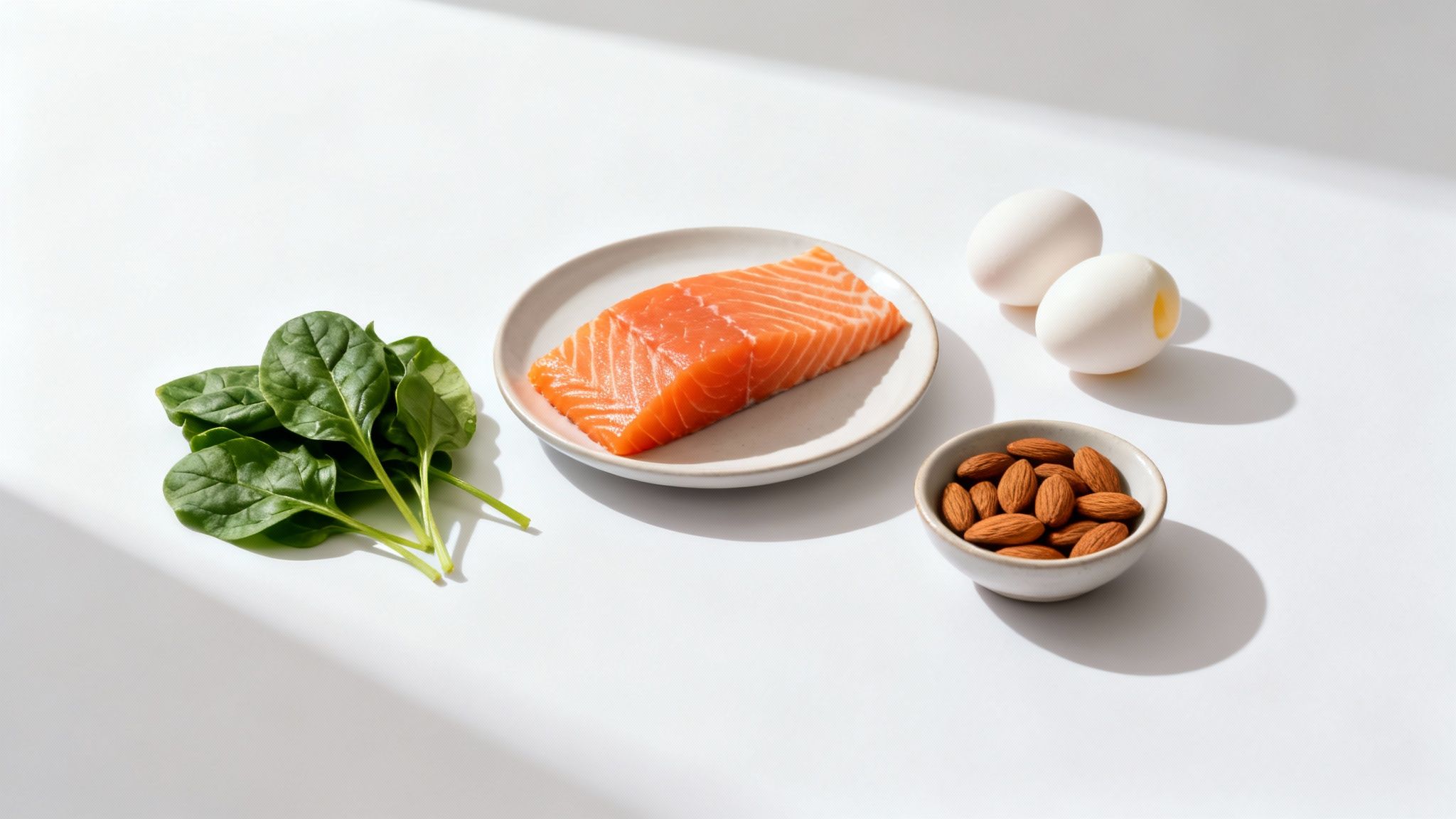 A salmon fillet, fresh spinach, almonds, and two white eggs on a white surface.