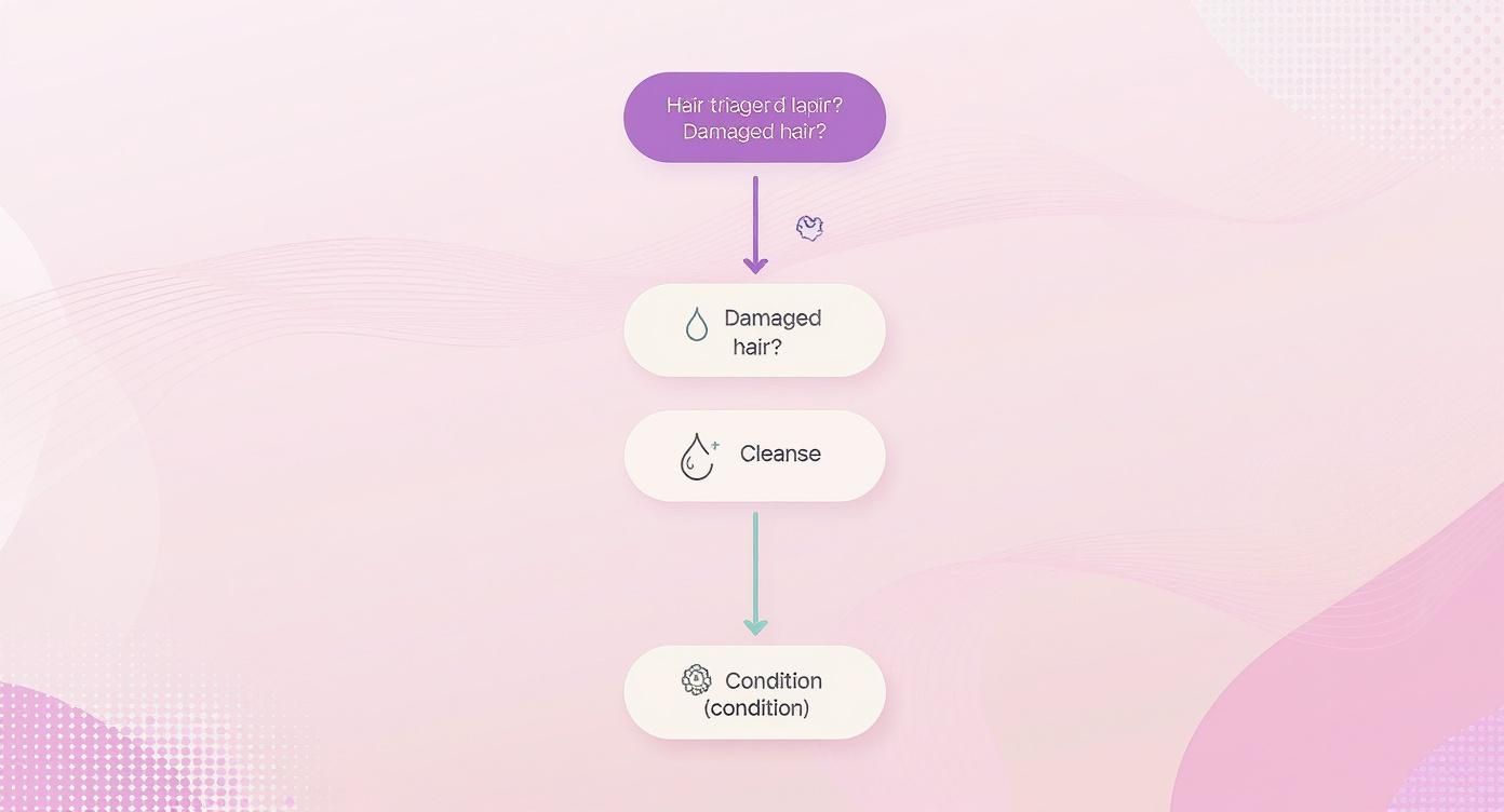 A purple and white flowchart illustrating steps for damaged hair treatment, including cleanse and condition.