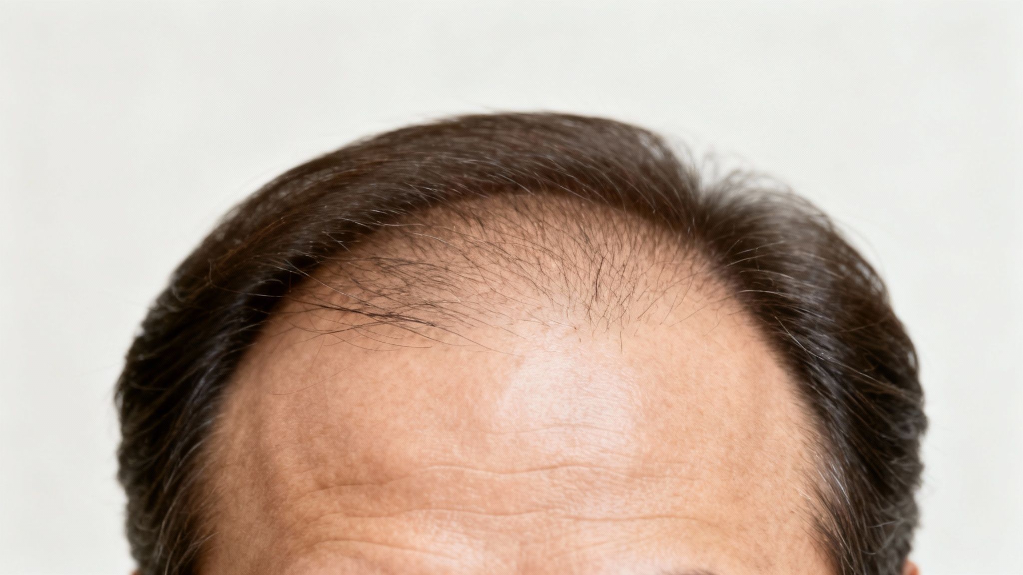 Close-up of a man's head showing a receding hairline and significant hair thinning on the scalp.