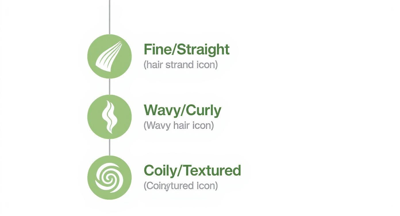 Diagram showing three hair types: Fine/Straight, Wavy/Curly, and Coily/Textured with illustrative icons.