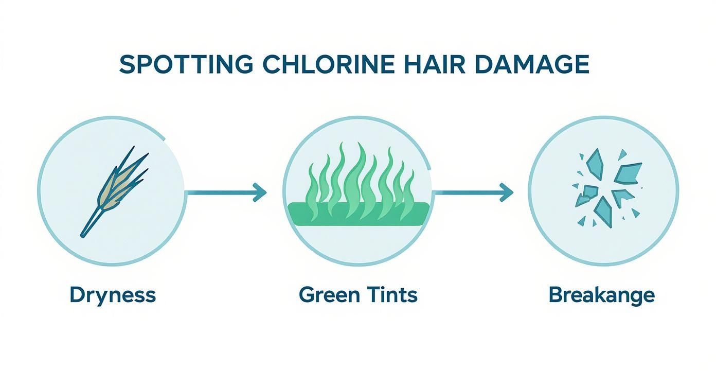 Three stage diagram showing chlorine hair damage progression from dryness to green tints to breakage
