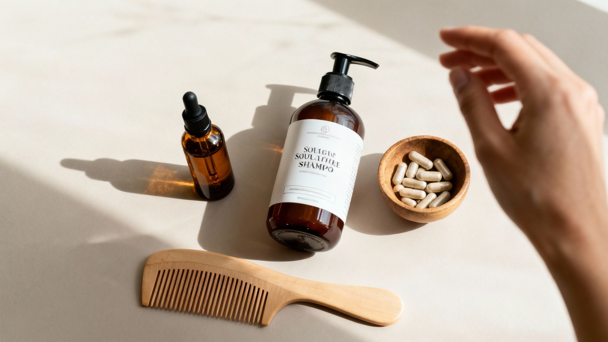Natural hair care essentials including shampoo, hair oil, supplements, and a wooden comb.