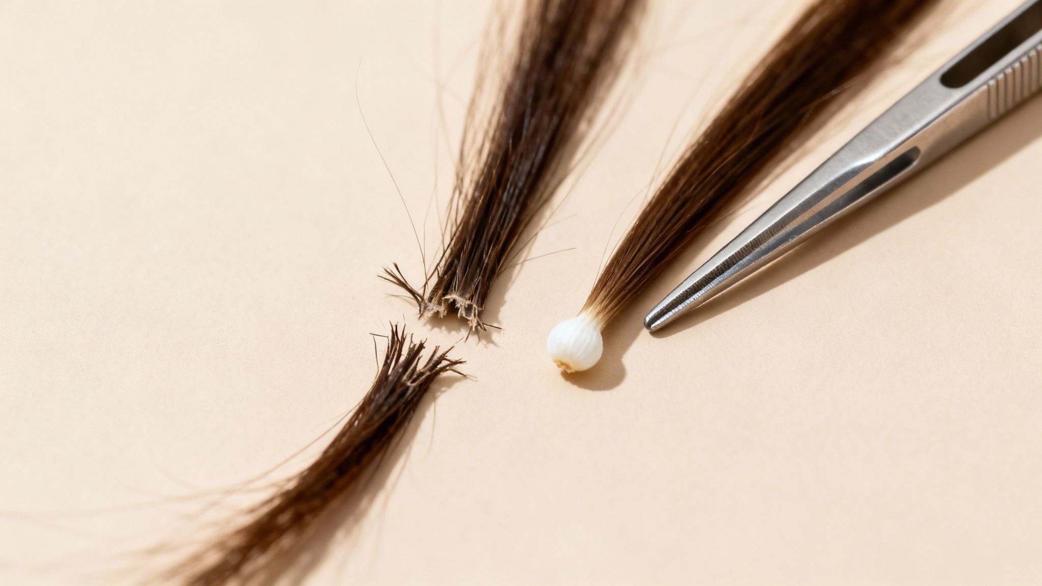 Brown hair strands, some broken, next to a healthy hair root and tweezers, illustrating hair health.