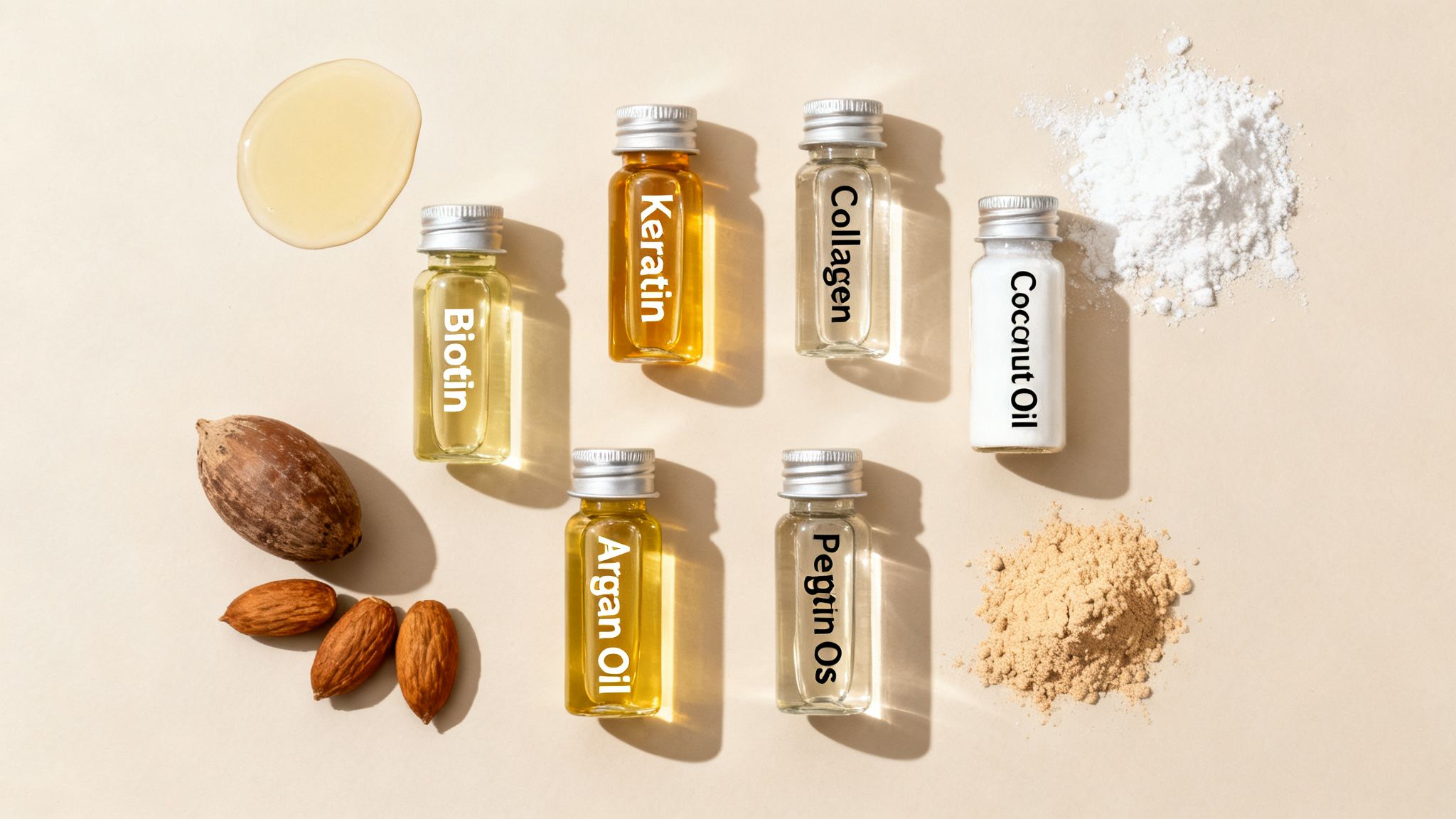 Assortment of hair care ingredients: Biotin, Keratin, Collagen, Coconut Oil, Argan Oil, Pectin, nuts, and powders.