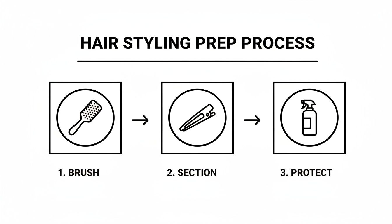 Diagram showing three steps for hair styling prep: brush, section hair with a clip, and apply product for protection.