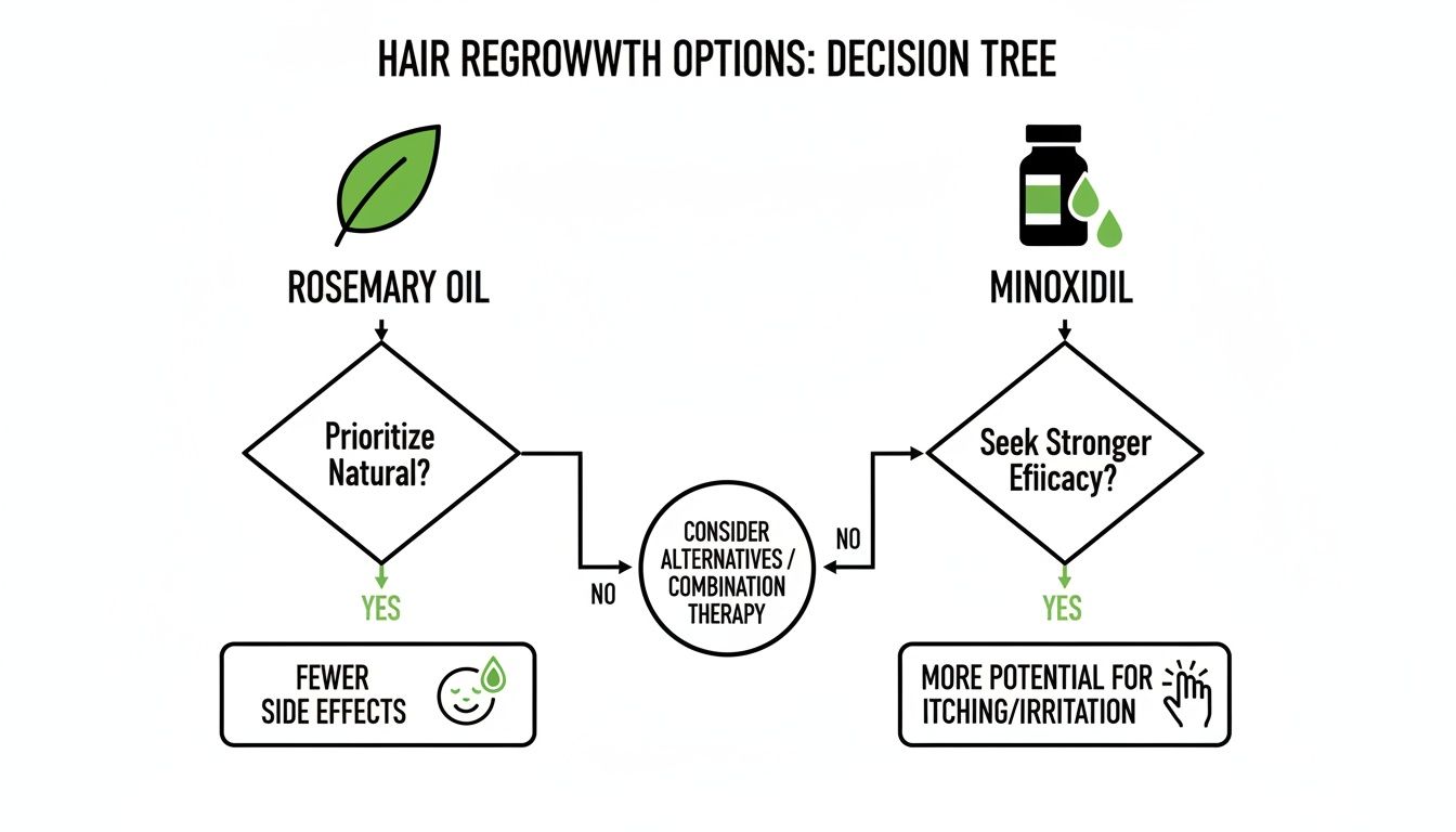 A decision tree comparing rosemary oil and minoxidil as hair regrowth options, highlighting their benefits and side effects.