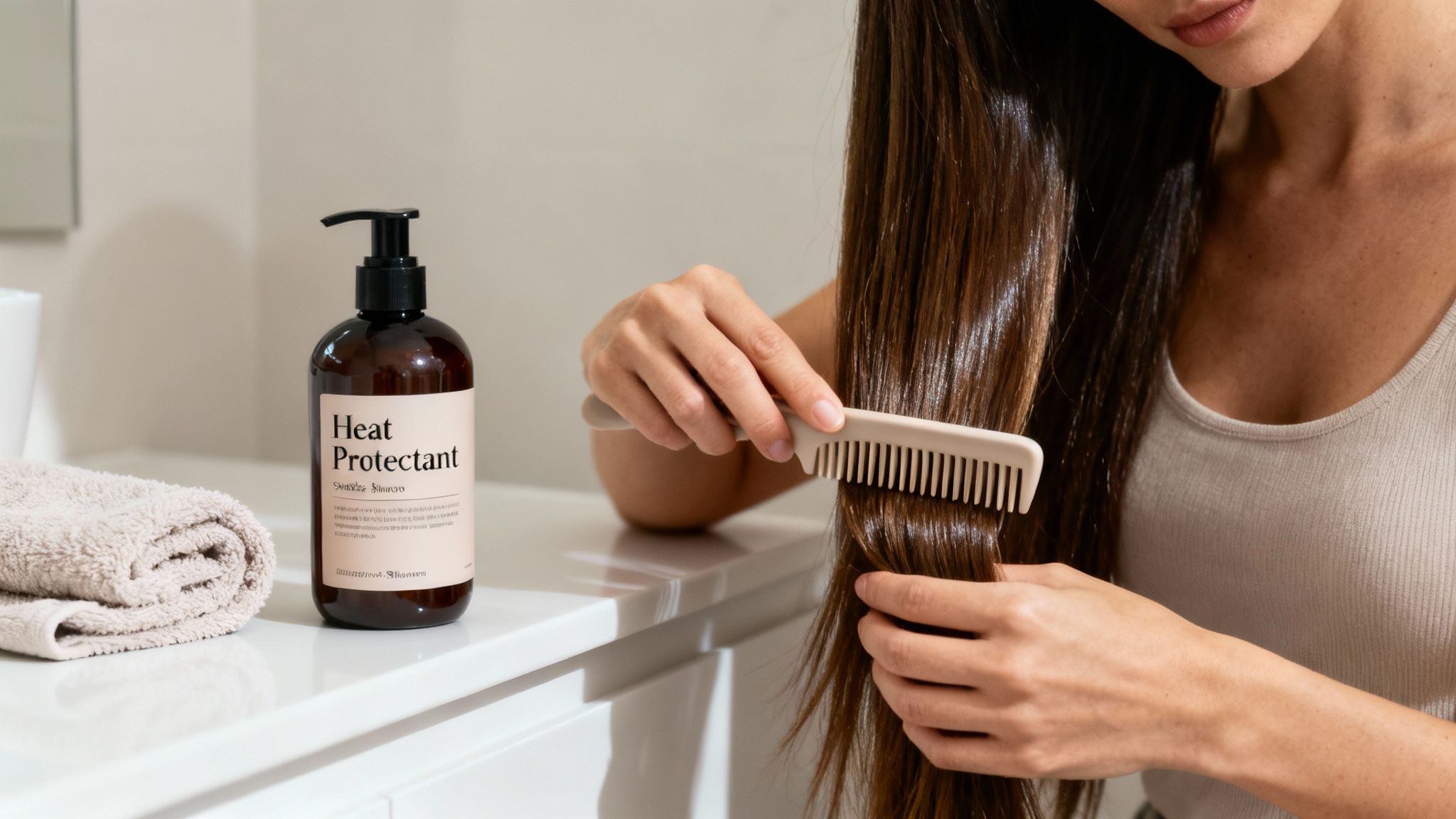 A person gently combs their long, dark hair in a bathroom with a bottle of heat protectant shampoo.