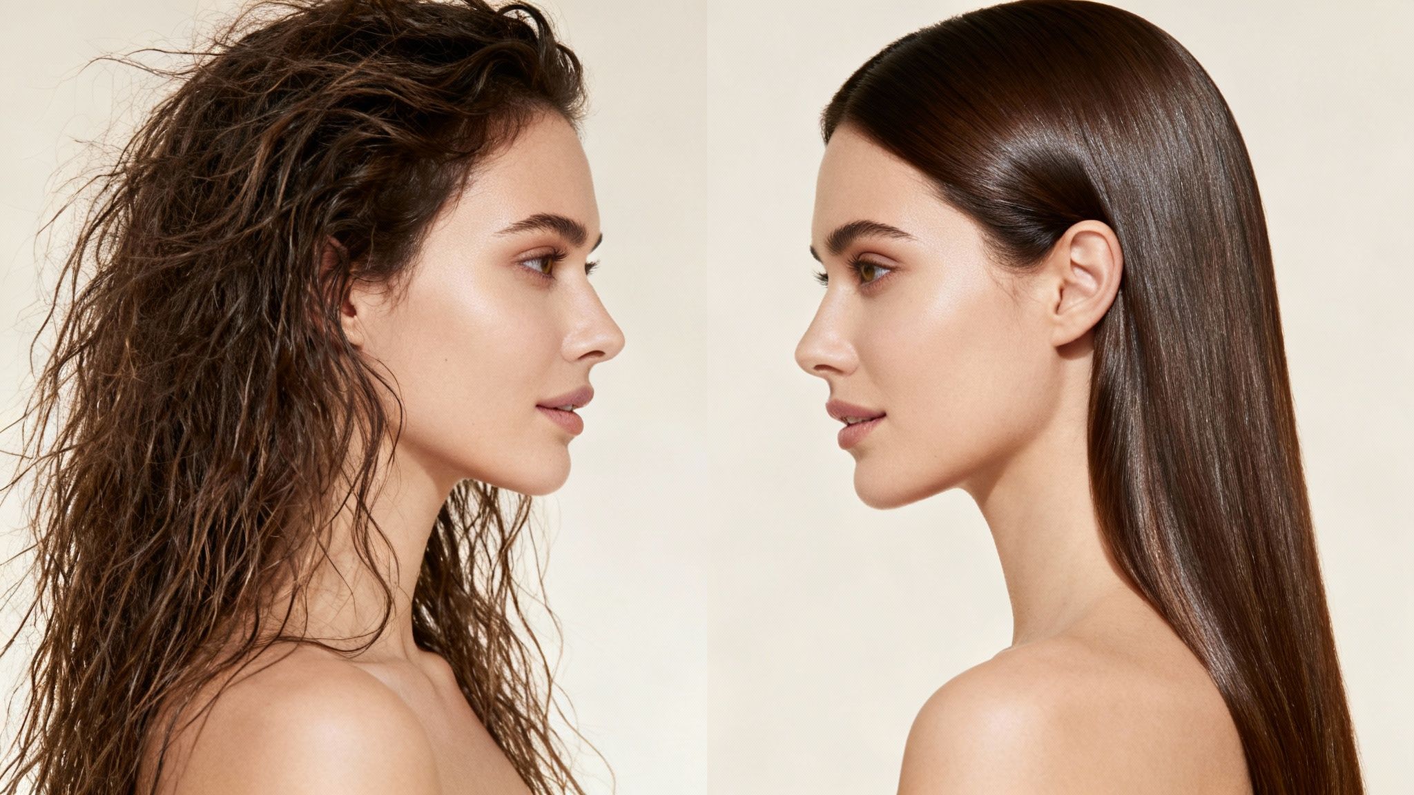 Two women compare wet, wavy hair with sleek, straight, shiny long brown hair, illustrating styling differences.