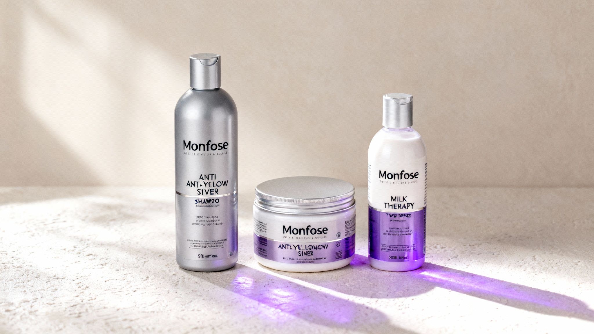 Three Monfose hair care products: anti-yellow silver shampoo, mask, and milk therapy.