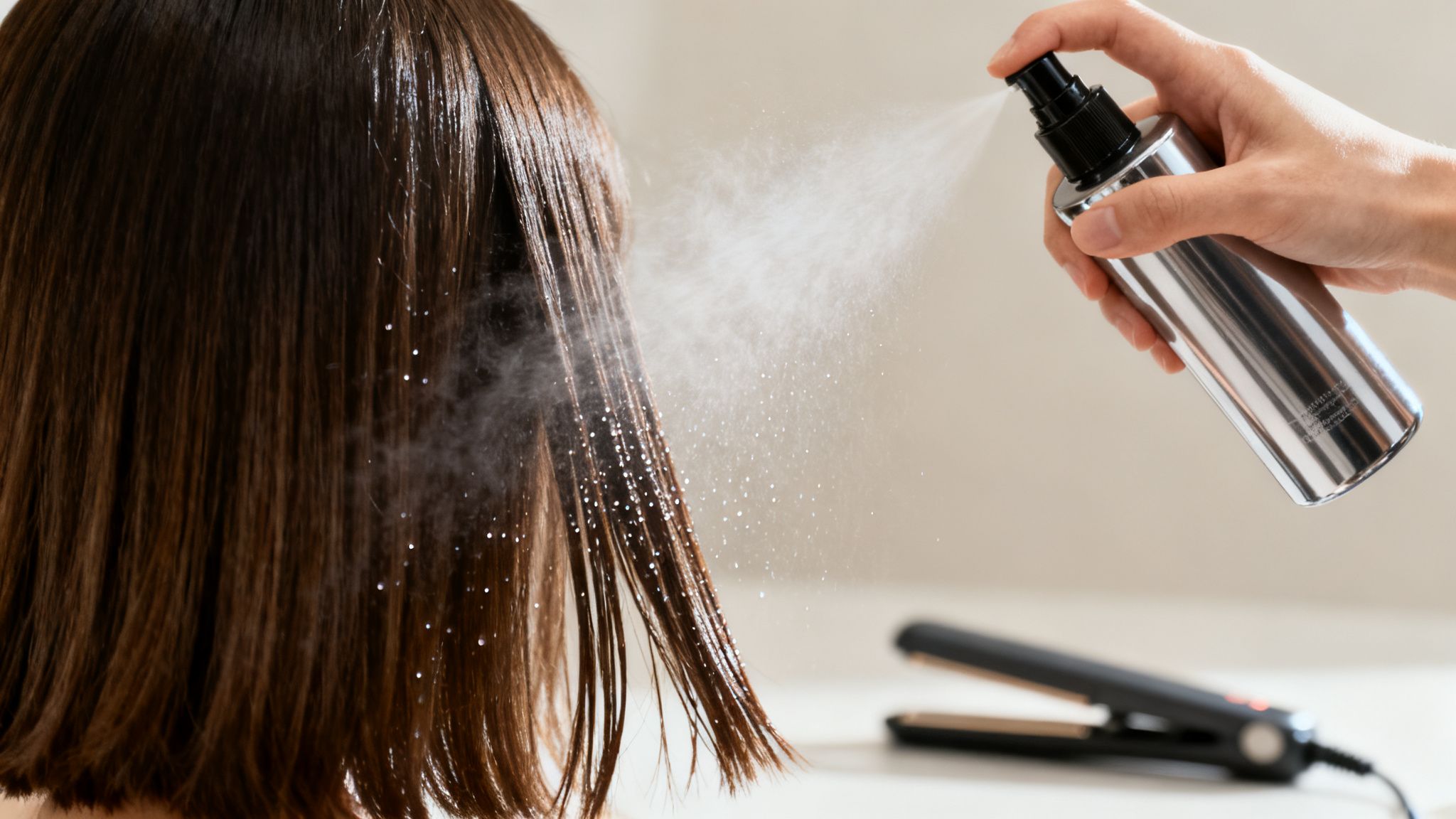 A hand sprays heat protectant from a silver bottle onto wet brown hair before styling.