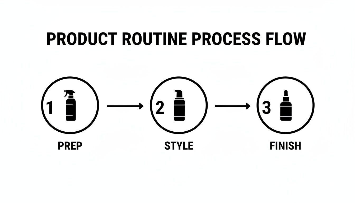 Three-step product routine process flow for hair care, showing prep, style, and finish with product icons.