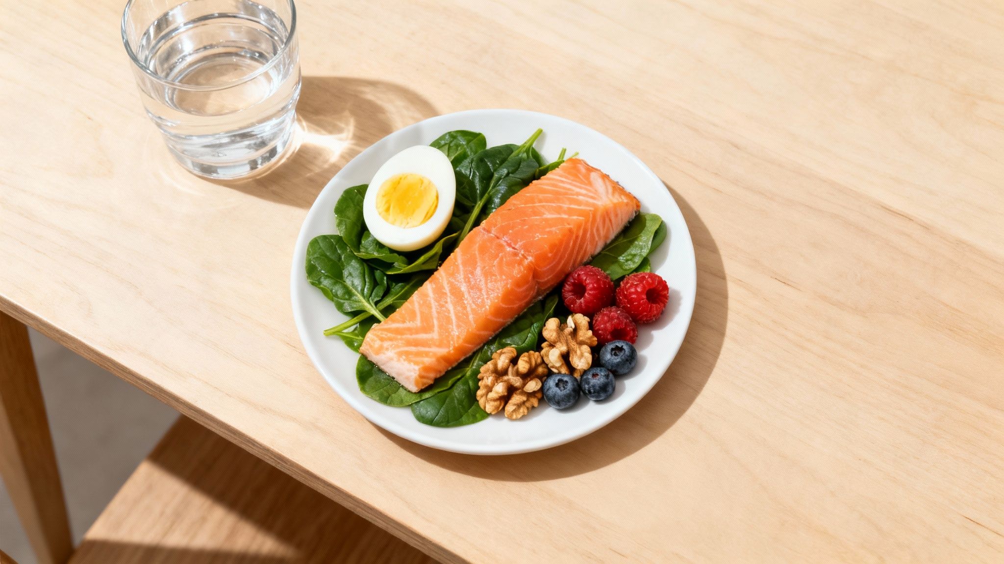 A plate with a healthy meal featuring salmon, a hard-boiled egg, spinach, walnuts, raspberries, and blueberries, next to a glass of water on a light wooden table.