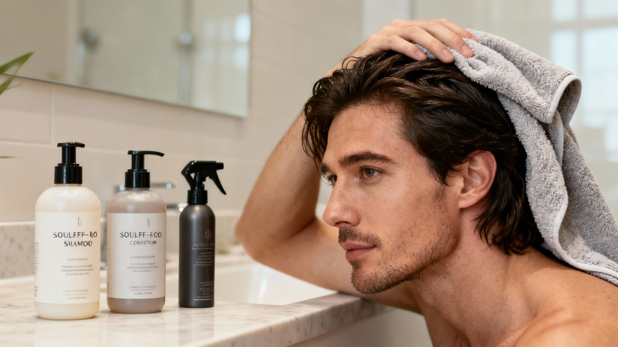 Man drying his wet hair with a towel in a bathroom, with SOULFFF-BO hair products nearby.