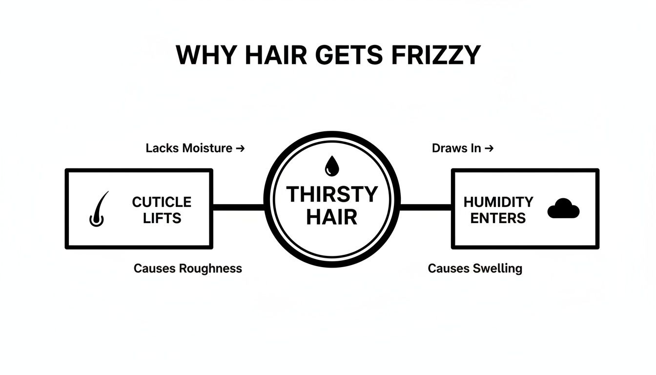 Diagram illustrating why hair gets frizzy: thirsty hair lacks moisture, causing cuticles to lift and draw in humidity.
