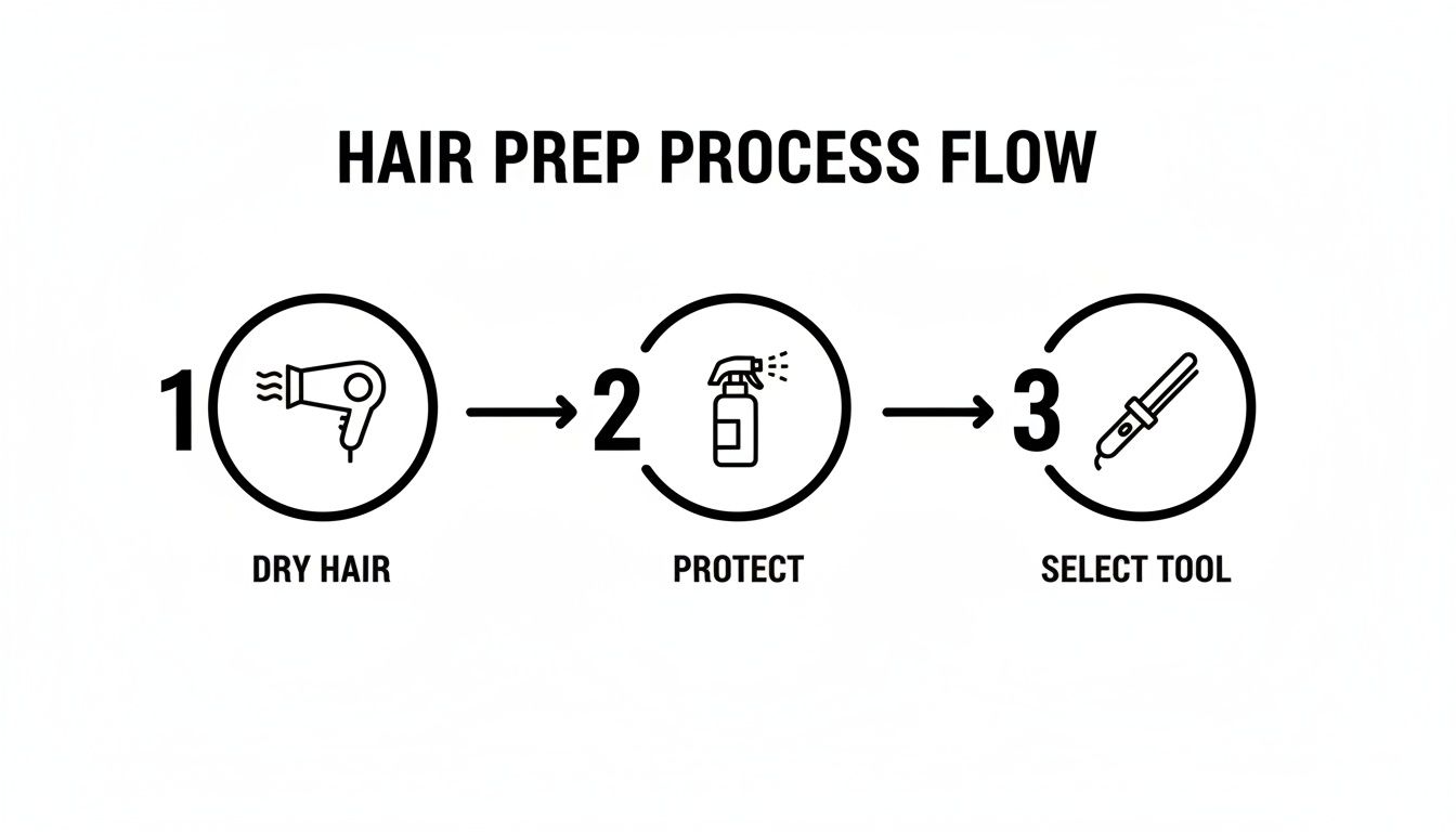 A three-step hair preparation process flow diagram showing drying, protecting, and tool selection.