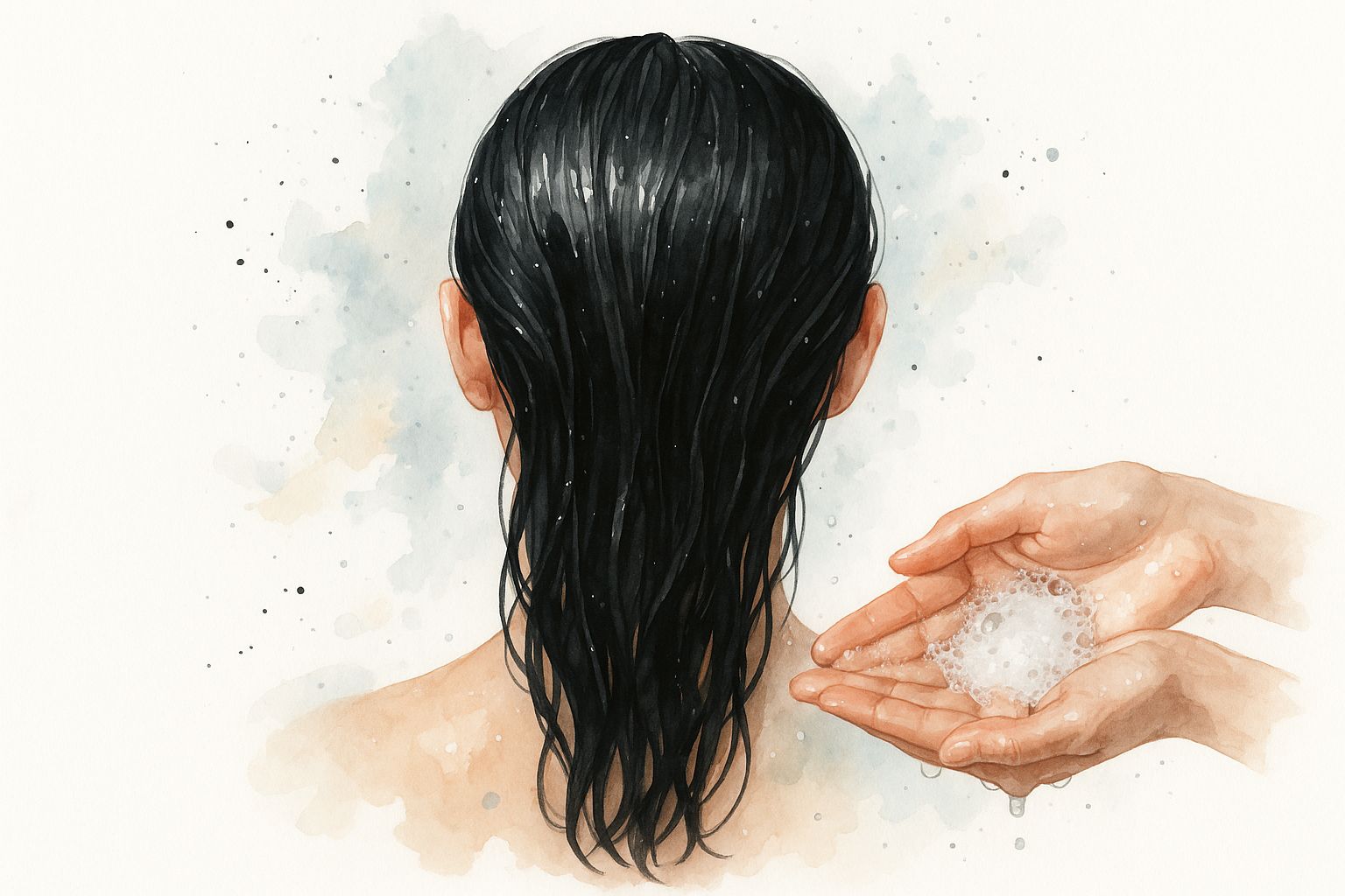 A watercolor illustration showing the back of a person with wet dark hair and hands holding soap bubbles.
