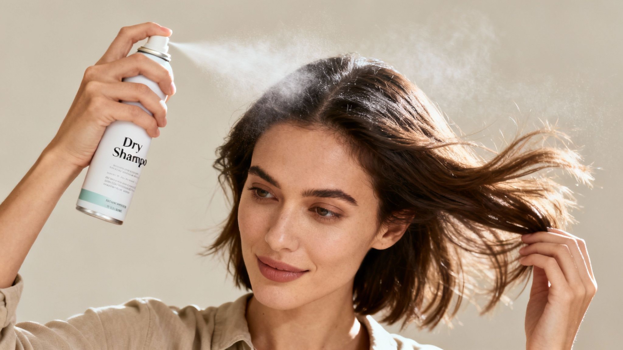 A woman sprays dry shampoo onto her brown hair, looking refreshed and styled.